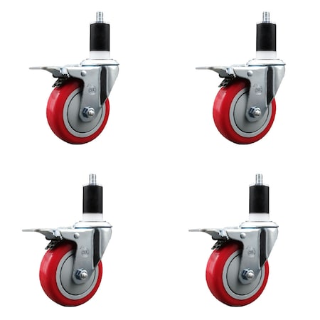 Service Caster 4'' Red Poly Swivel 1-1/2'' Expanding Stem Caster Set Total Lock Brake, 4PK SCC-EXTTL20S414-PPUB-RED-112-4